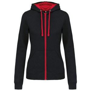 Kariban K467 - Ladies’ contrast hooded full zip sweatshirt Black / Red